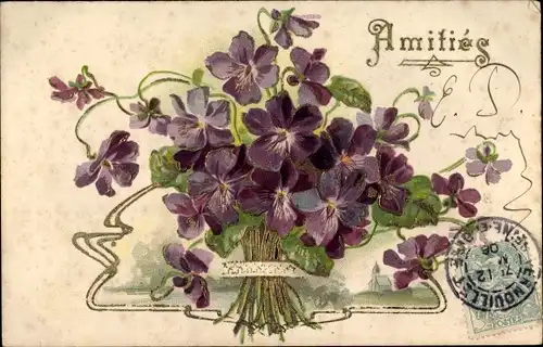 Präge Litho Veilchen, Blumenstrauß, Amities