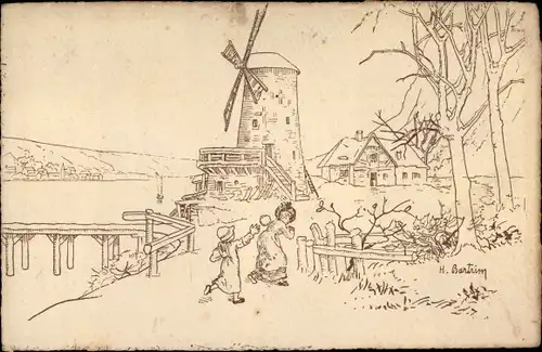Künstler Ak Bartrim, H., Windmühle, Mädchen wirft Schneeball auf eine Frau