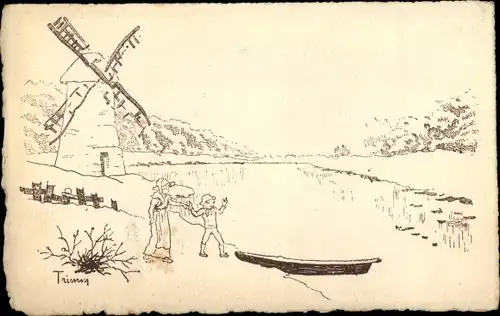 Künstler Ak Trimm, Flusspartie, Windmühle, Kinder am Ufer