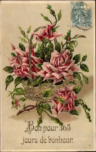 Präge Litho Bon pour 365 jour de bonheur, Rosenblüten in einem Korb