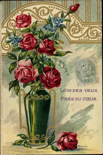 Präge Litho Rosenblüten in einer Blumenvase