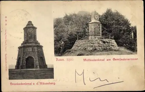 Ak Daun in der Eifel, Dronkedenkmal a. d. Mäuseberg, Moltkedenkmal am Gemündenermaar