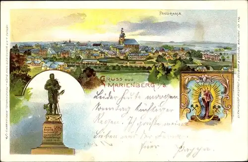 Litho Marienberg im Erzgebirge Sachsen, Panorama, Herzog Heinrich Denkmal, Marienbildnis