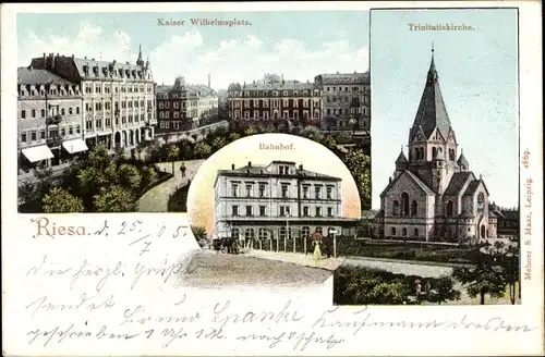 Ak Riesa an der Elbe Sachsen, Trinitatiskirche, Kaiser Wilhelmplatz, Bahnhof