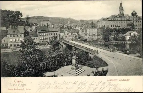 Ak Greiz im Vogtland, Unteres Schloss, Brücke, Denkmal