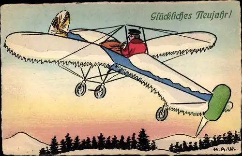 Künstler Ak Glückwunsch Neujahr, Schneebedecktes Flugzeug