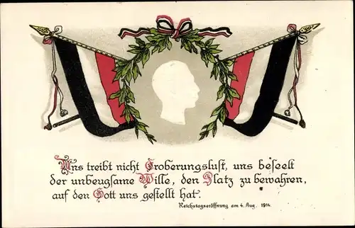 Präge Litho Kaiser Wilhelm II. von Preußen, Zitat zur Reichstagseröffnung 04 08 1914