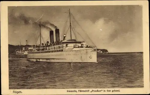 Ak Sassnitz auf der Insel Rügen, Fährschiff Preußen in See gehend