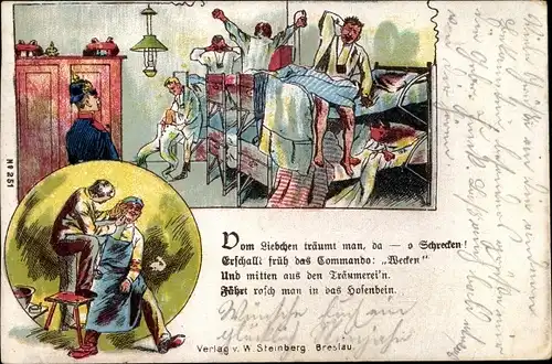 Künstler Ak Soldaten in Betten, Barbier, Soldatenleben, I. WK