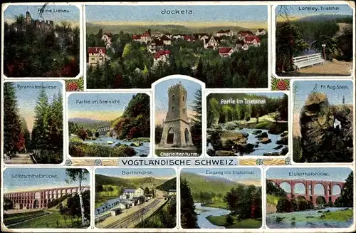 Ak Barthmühle Pöhl Vogtl. Schweiz, Pyramidenwiese, Ruine Liebau, Elstertalbrücke, Göltzschtalbrücke