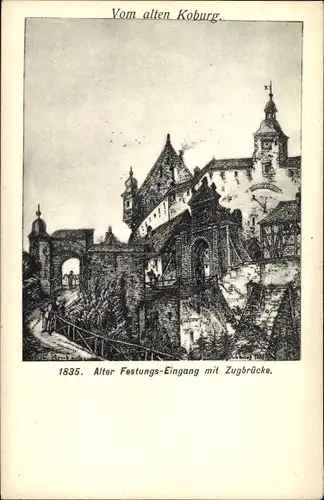 Künstler Ak Coburg in Oberfranken, alter Festungseingang mit Zugbrücke, 1835