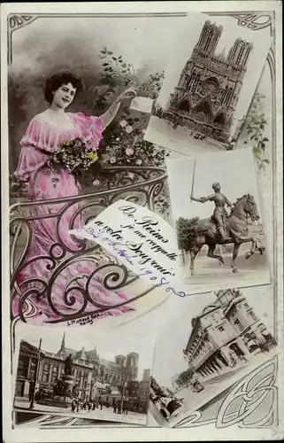 Ak Reims Marne, Kathedrale, Denkmal, Dame mit Blumen, Souvenir