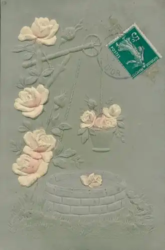 Relief Litho Brunnen mit Rosenblüten