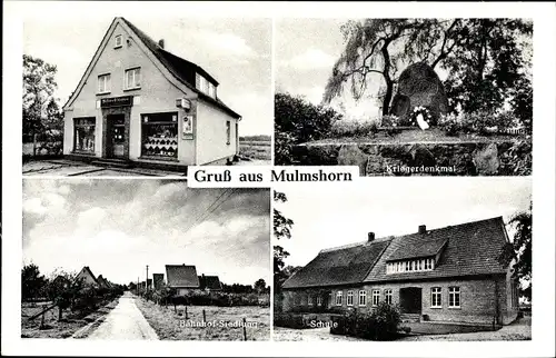 Ak Mulmshorn Rotenburg an der Wümme, Kriegerdenkmal, Schule, Bahnhof Siedlung, Gemischtwaren Laden