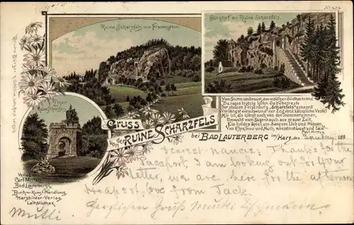 Litho Bad Lauterberg im Harz, Ruine Scharzfels vom Frauenstein, Burghof, Tor