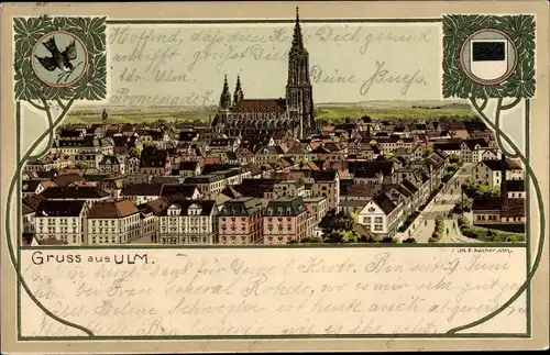 Wappen Litho Ulm an der Donau, Panorama, Münster, Spatz