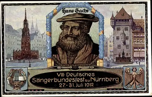 Wappen Ganzsachen Künstler Ak Schmidt, C, Nürnberg, 8. Dt. Sängerbundesfest 1912, Porträt Hans Sachs