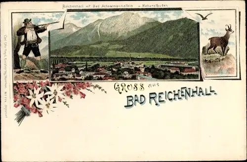 Litho Bad Reichenhall in Oberbayern, Achselmannstein, Hoherstaufen, Gämse, Jäger