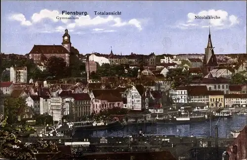 Ak Flensburg in Schleswig Holstein, Totale, Gymnasium, Nicolaikirche