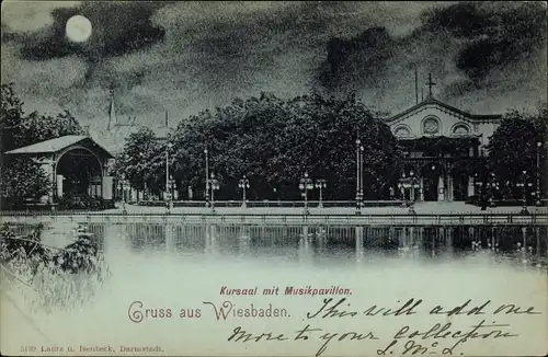 Mondschein Ak Wiesbaden in Hessen, Kursaal mit Musikpavillon