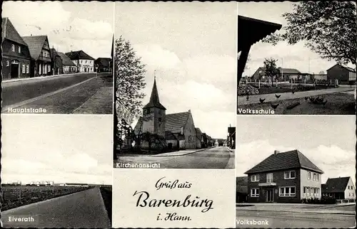 Ak Barenburg in Niedersachsen, Volksbank, Kirchenansicht, Hauptstraße, Volksschule