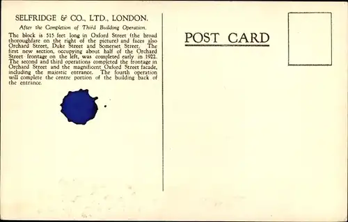 Ak London City, Selfridge & Co, After the Completion of Third Building Operation