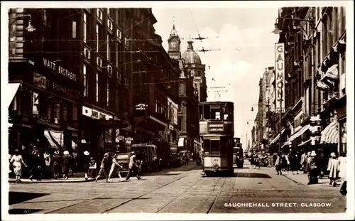 Ak Glasgow Schottland, Sauchiehall Street, Straßenbahn
