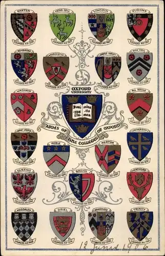 Studentika Wappen Ak Oxford South East England, University, Arms of the Colleges