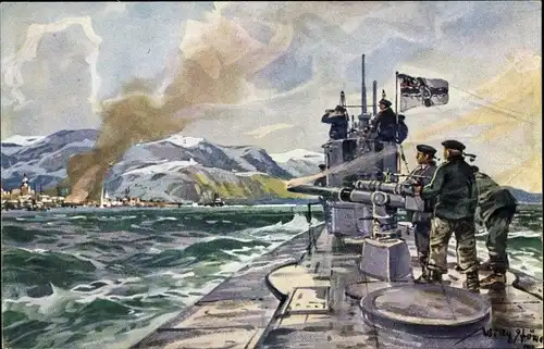 Künstler Ak Stöwer, Willy, Deutsches U Boot im Eismeer, Beschießung von Alexandrowsk, I. WK