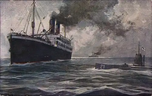 Künstler Ak Schulze, Hans Rudolf, Deutsches U Boot, SM U 21, Englischer Dampfer im Kanal, I. WK