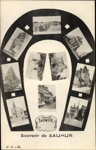 Ak Saumur Maine et Loire, Windmühlen, Kirche, Brücke, Stadtansichten