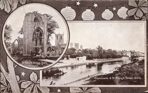 Passepartout Ak York Yorkshire, Esplanade and St. Mary's Tower, St. Mary's Abbey