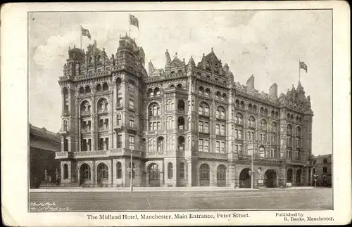 Ak Manchester North West England, Midland Hotel, Main Entrance, Peter Street