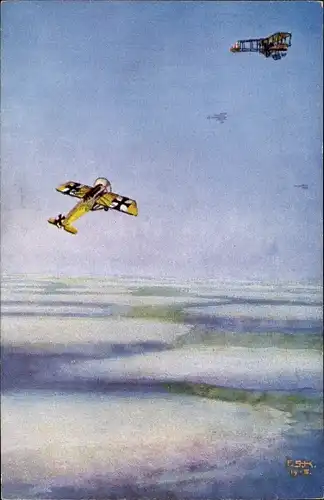 Künstler Ak Schulz Kühn, F., Fokker E.III, Unteroffizier Böhme im Angriff