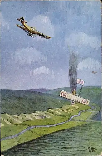 Künstler Ak Schulz Kühn, F., Fokker E.III, Unteroffizier Böhme im Angriff