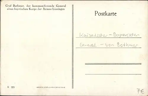 Ak Porträt General Graf Bothmer, bayrisches Korps der Armee Linsingen