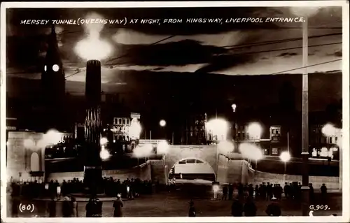 Ak Liverpool North West England, Mersey Tunnel, Queensway, At Night, From Kingsway