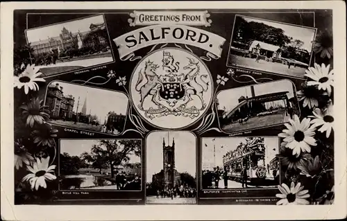 Wappen Ak Salford North West England, Chapel Street, Church, Technical Institute, Seedley Park