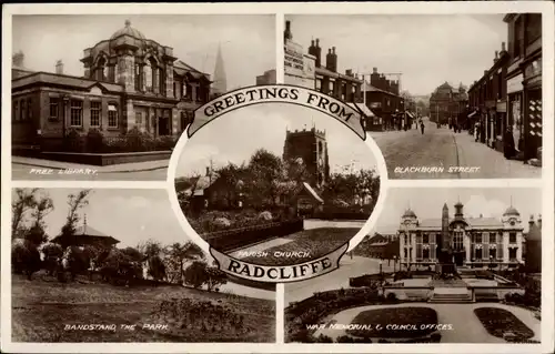 Ak Radcliffe North West England, Free Library, Bandstand, War Memorial, Council Offices