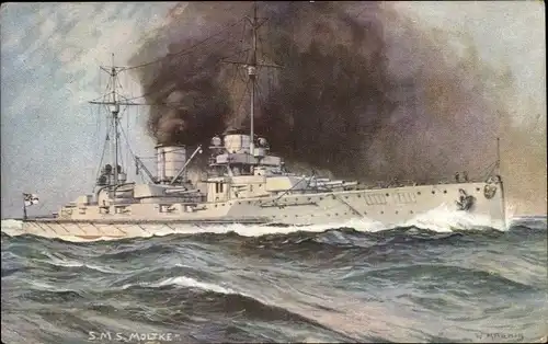 Künstler Ak Malchin, Deutsches Kriegsschiff, SMS Moltke, Schlachtkreuzer, Kaiserliche Marine