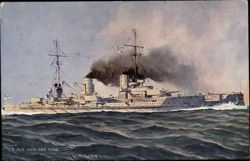 Künstler Ak Malshin, Deutsches Kriegsschiff, SMS Von der Tann, Schlachtschiff, Kaiserliche Marine