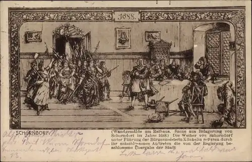 Künstler Ak Schorndorf in Baden Württemberg, Wandgemälde im Rathaus, Belagerung im Jahre 1688