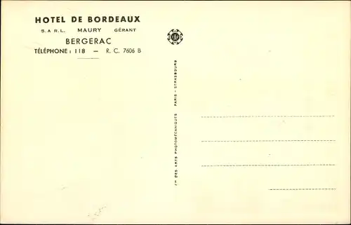 Ak Bergerac Dordogne, Hotel de Bordeaux, Innenansicht