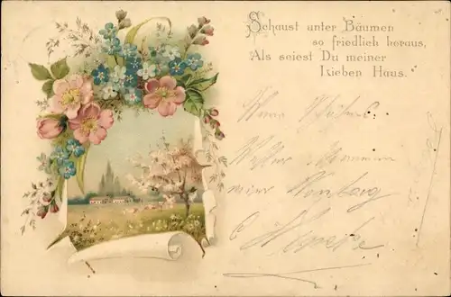 Ak Dorfpartie, Blumen, Schaust unter Bäumen so friedlich heraus