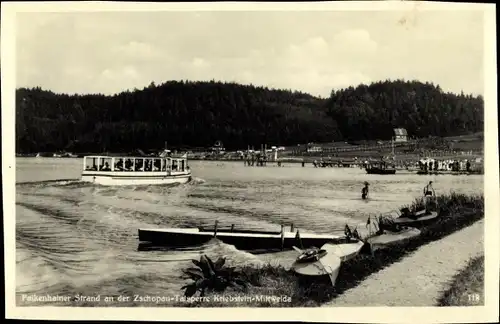 Ak Kriebstein Mittelsachsen, Falkenhainer Strand an der Zschopau Talsperre, Dampfer