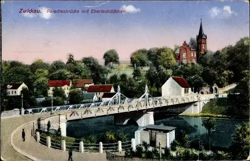 Ak Zwickau in Sachsen, Paradiesbrücke mit Ebertschlösschen
