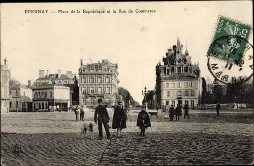 Ak Epernay Marne, Place de la Republique et la Rue du Commerce