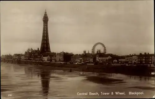 Ak Blackpool North West England, The Tower, Wheel, Centrla Beach, Riesenrad