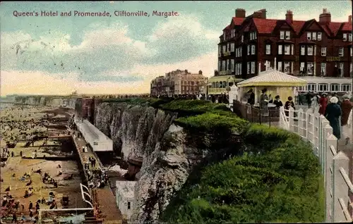 Ak Cliftonville Margate South East England, Queen's Hotel and Promenade