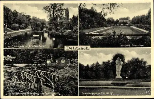 Ak Delitzsch in Sachsen, Kurpark, Rosarium, Brunnengruppe Genesung, Promenade mit Breitem Turm